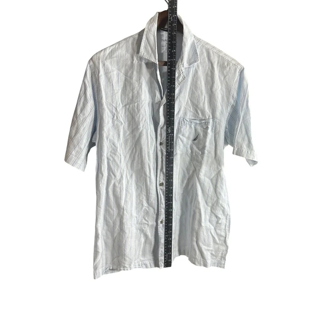 Nautica Mens Striped Short Sleeve Button Up Shirt M/M/M Light Blue Casual‎ Beach